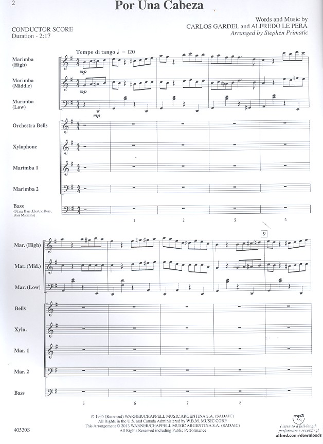Carlos Gardel - Por una cabeza for mallet ensemble