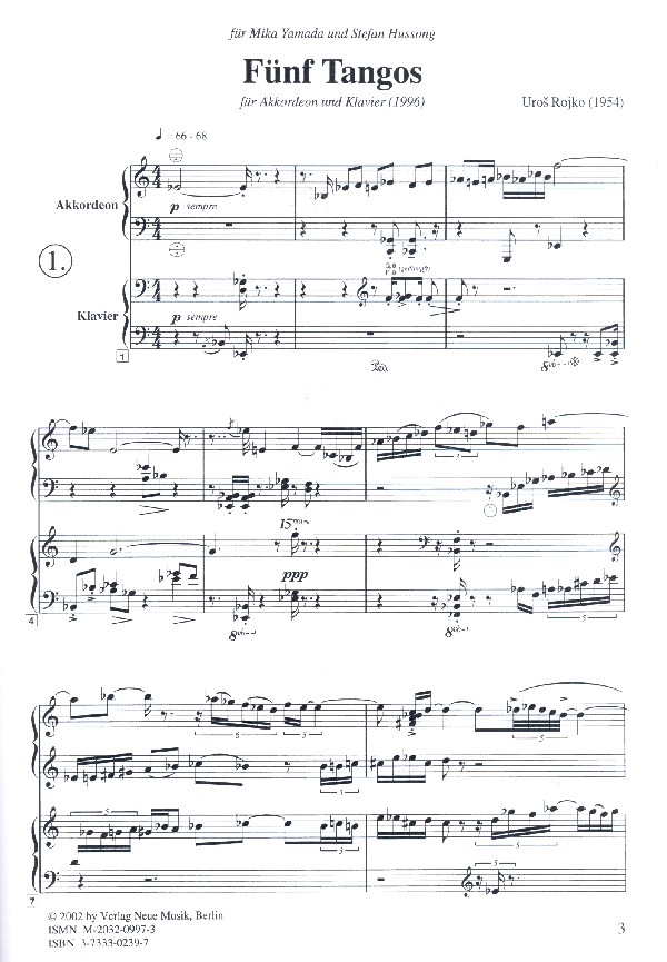 Uros Rojko - 5 Tangos für Akkordeon und Klavier