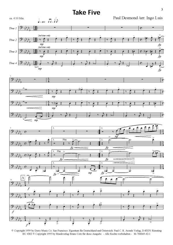  Paul Desmond - Take Five für  4 Posaunen