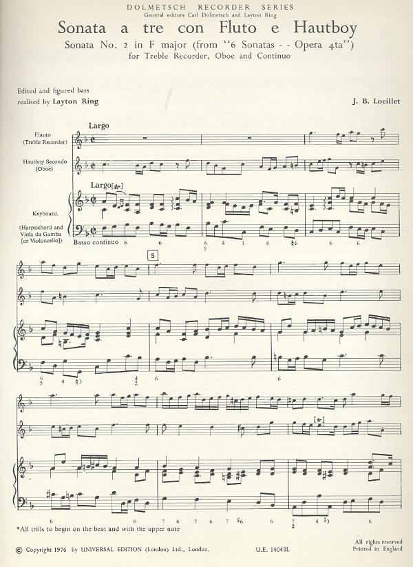 Jean Baptiste (John of London) Loeillet - Sonate a tre