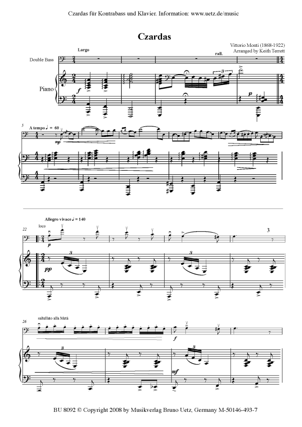 Vittorio Monti - Czardas für Kontrabass und Klavier