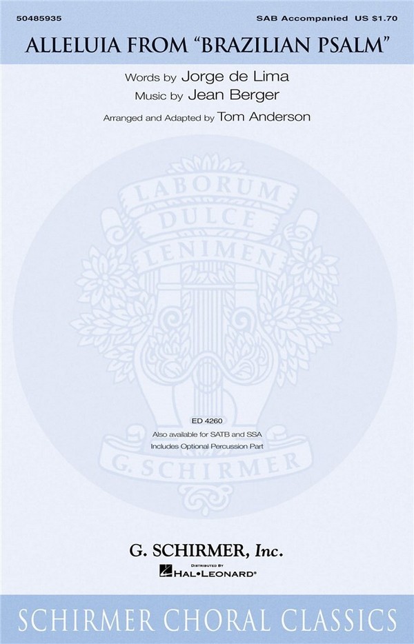 Jean Berger, Alleluia&nbsp;&nbsp;SAB + Opt. Percussion&nbsp;&nbsp;Chorpartitur