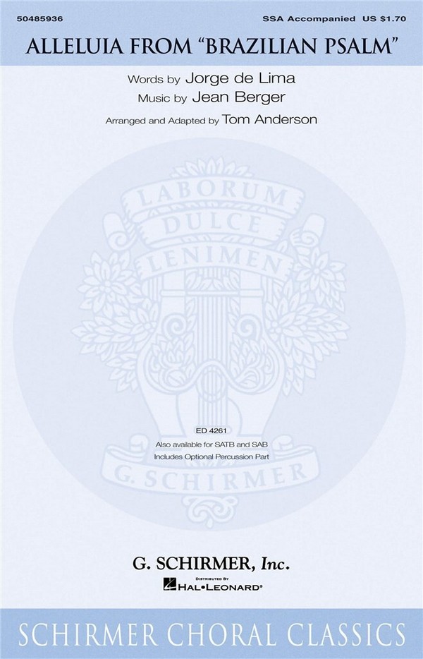 Jean Berger, Alleluia&nbsp;&nbsp;SSA + Opt.  Percussion&nbsp;&nbsp;Chorpartitur