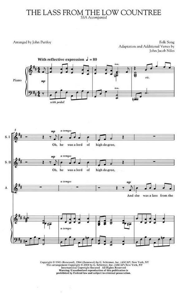 John Jacob Niles, The Lass from the Low Countree&nbsp;&nbsp;SSA and Piano&nbsp;&nbsp;Chorpartitur