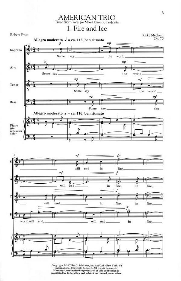 Kirke Mechem, American Trio&nbsp;&nbsp;SATB a Cappella&nbsp;&nbsp;Chorpartitur