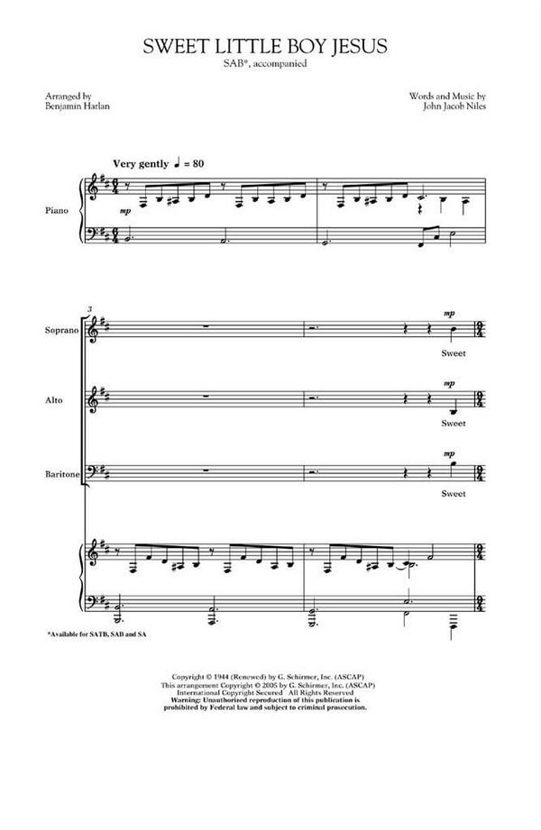 John Jacob Niles, Sweet Little Boy Jesus&nbsp;&nbsp;SAB&nbsp;&nbsp;Chorpartitur