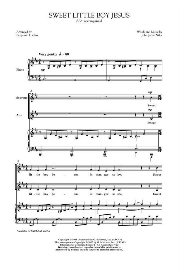 John Jacob Niles, Sweet Little Boy Jesus&nbsp;&nbsp;SA&nbsp;&nbsp;Chorpartitur