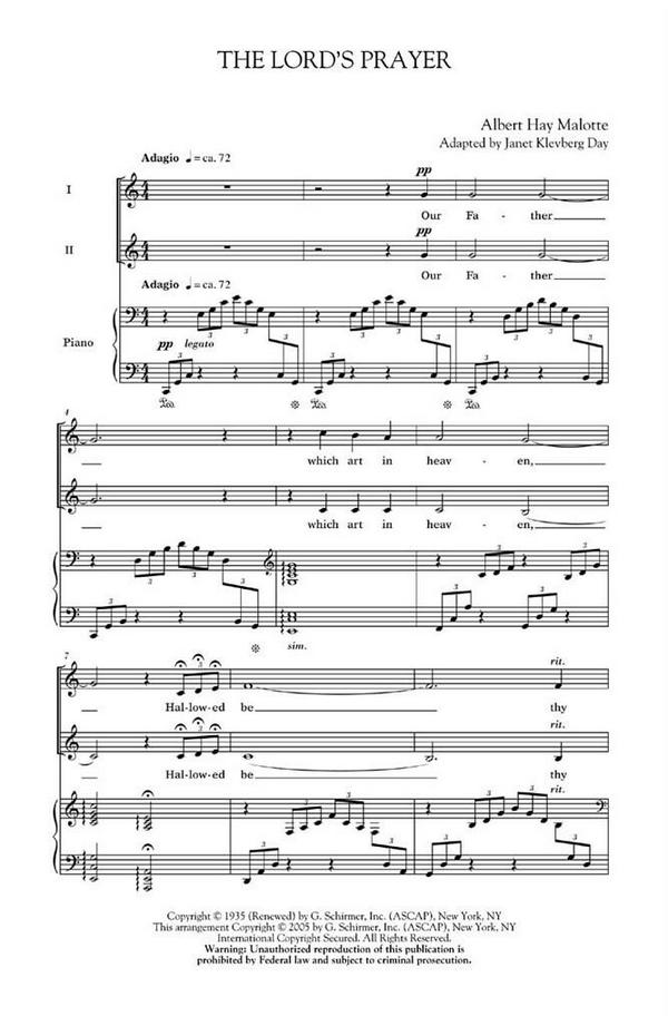 Albert Hay Malotte, The Lord's Prayer (Low Voice)  2-Part Choir and Piano  Chorpartitur