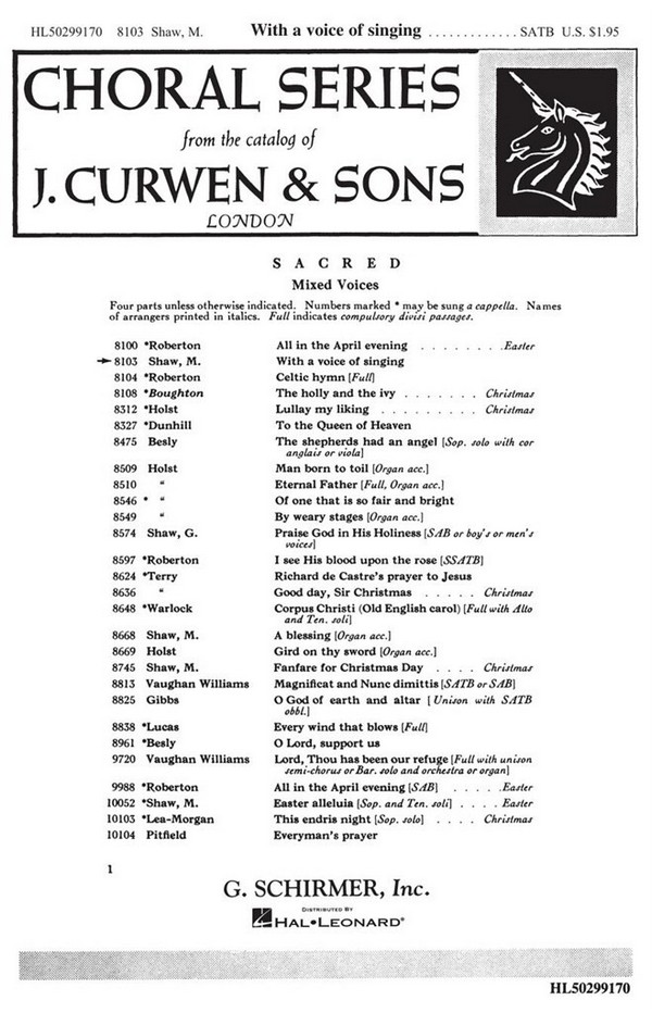 M. Shaw, With A Voice Of Singing&nbsp;&nbsp;SATB&nbsp;&nbsp;Chorpartitur