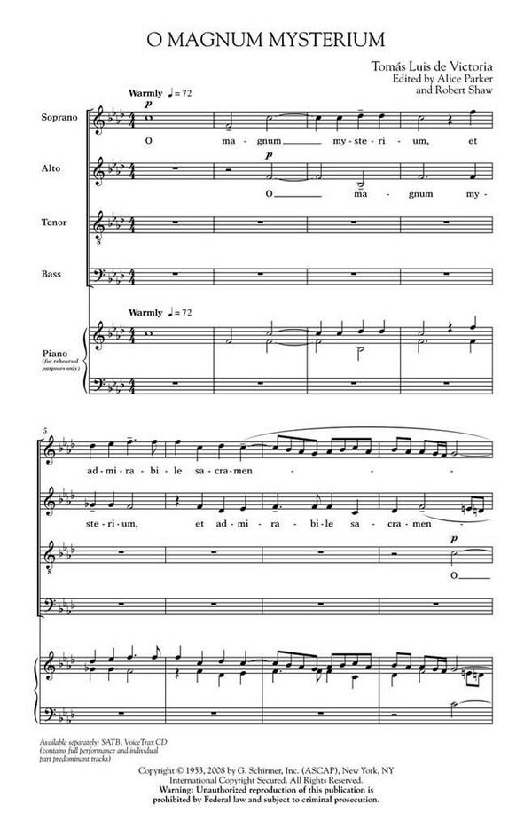Tomás Luis de Victoria, O Magnum Mysterium&nbsp;&nbsp;SATB a Cappella&nbsp;&nbsp;Chorpartitur