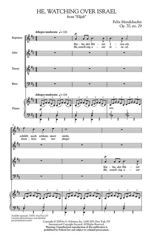 Felix Mendelssohn Bartholdy, He, Watching Over Israel&nbsp;&nbsp;SATB&nbsp;&nbsp;Chorpartitur