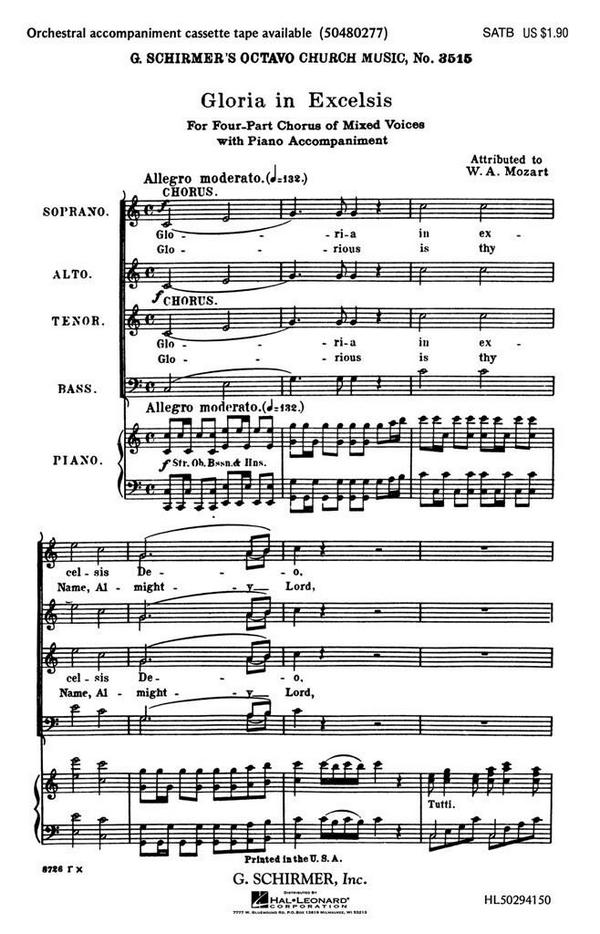 Wolfgang Amadeus Mozart, Gloria In Excelsis&nbsp;&nbsp;SATB and Piano&nbsp;&nbsp;Chorpartitur