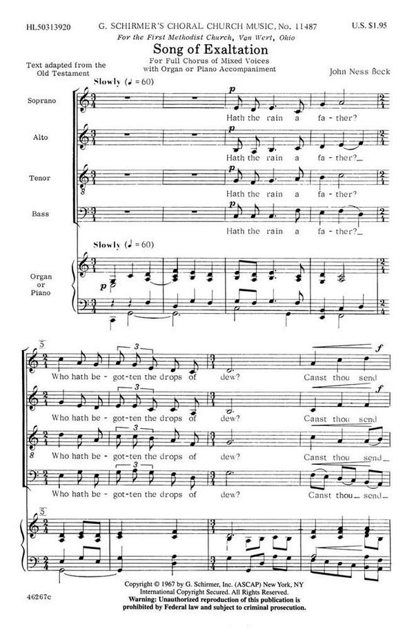 John Ness Beck, Song Of Exaltation&nbsp;&nbsp;SATB&nbsp;&nbsp;Chorpartitur