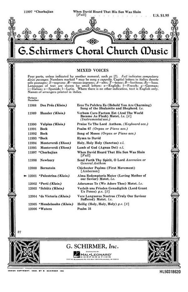 Giovanni Pierluigi da Palestrina, Alma Redemptoris Mater Loving Mother&nbsp;&nbsp;SATB a Cappella&nbsp;&nbsp;Chorpartitur
