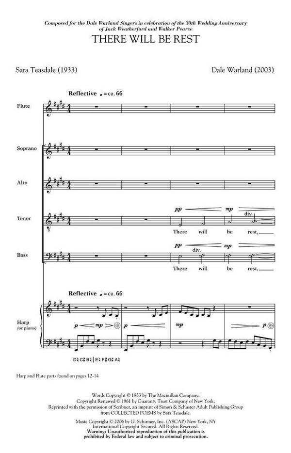 Dale Warland, There Will Be Rest&nbsp;&nbsp;SATB + Harp&nbsp;&nbsp;Chorpartitur