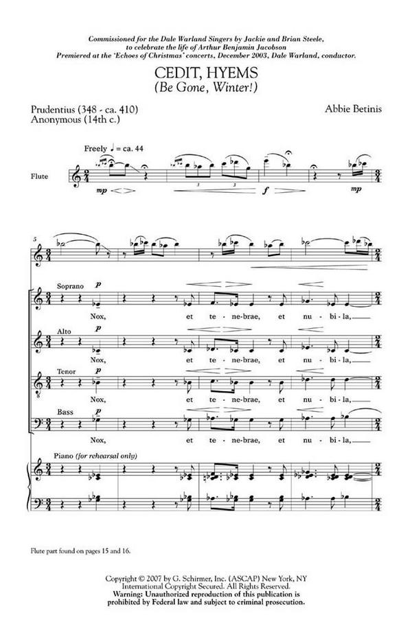 Abbie Betinis, Cedit, Hyems  SATB and Flute  Chorpartitur