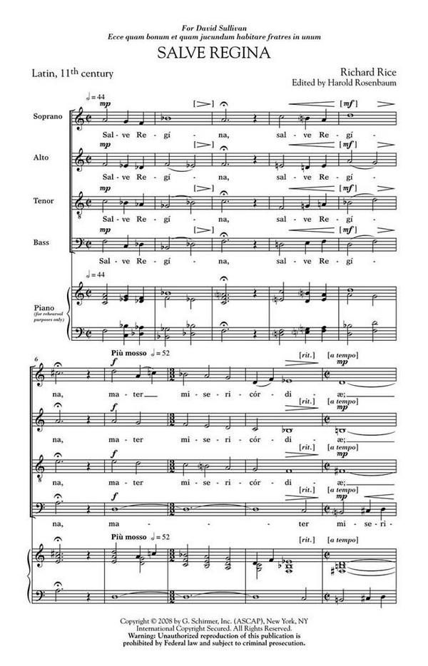 Richard Rice, Salve Regina&nbsp;&nbsp;SATB a Cappella&nbsp;&nbsp;Chorpartitur