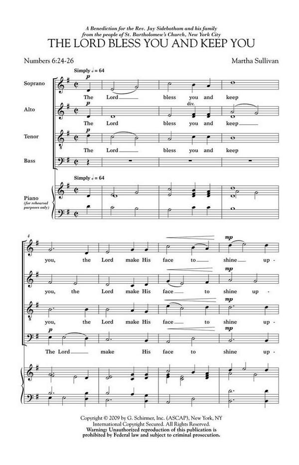 Martha Sullivan, The Lord Bless You and Keep You&nbsp;&nbsp;SATB a Cappella&nbsp;&nbsp;Chorpartitur