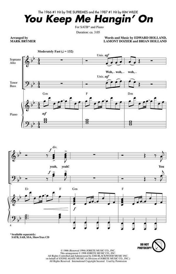 Brian Holland_Edward Holland_Lamont Dozier, You Keep Me Hangin' On&nbsp;&nbsp;SATB&nbsp;&nbsp;Chorpartitur