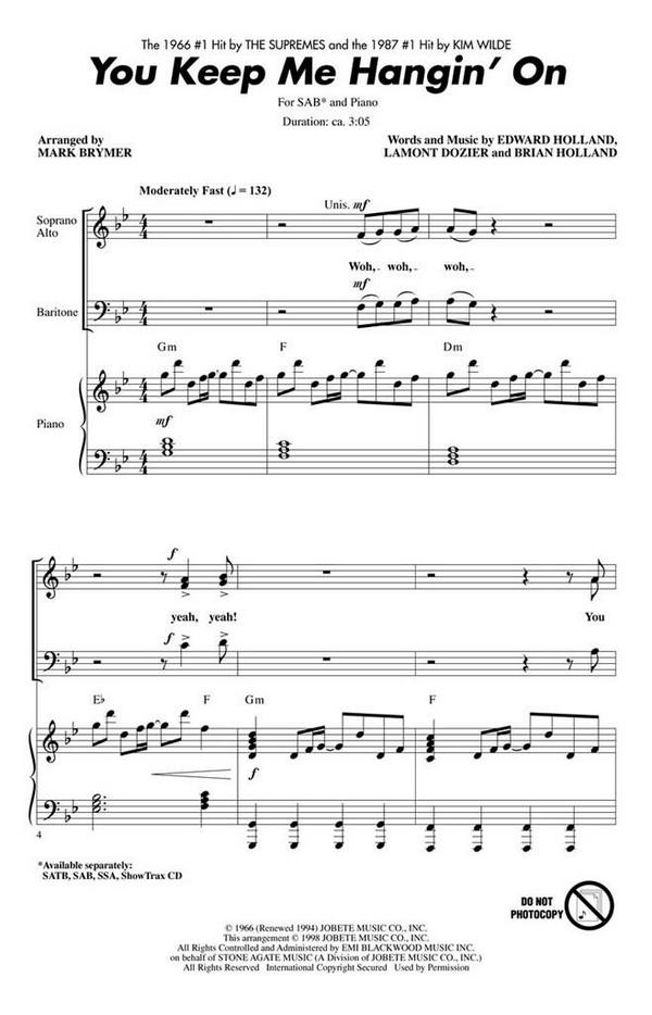 Brian Holland_Edward Holland_Lamont Dozier, You Keep Me Hangin' On&nbsp;&nbsp;SAB&nbsp;&nbsp;Chorpartitur