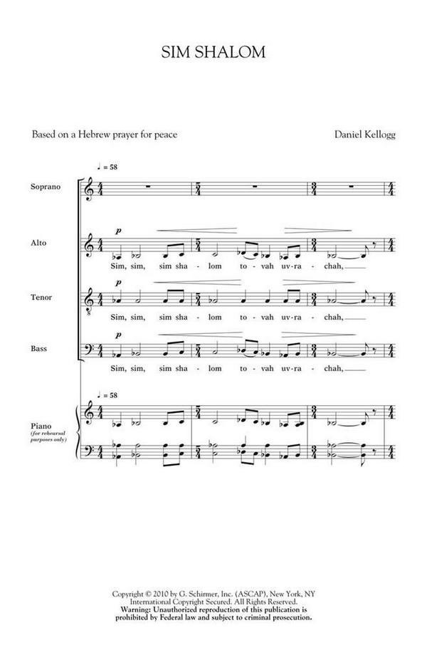 Daniel Kellogg, Sim Shalom&nbsp;&nbsp;SATB a Cappella&nbsp;&nbsp;Chorpartitur