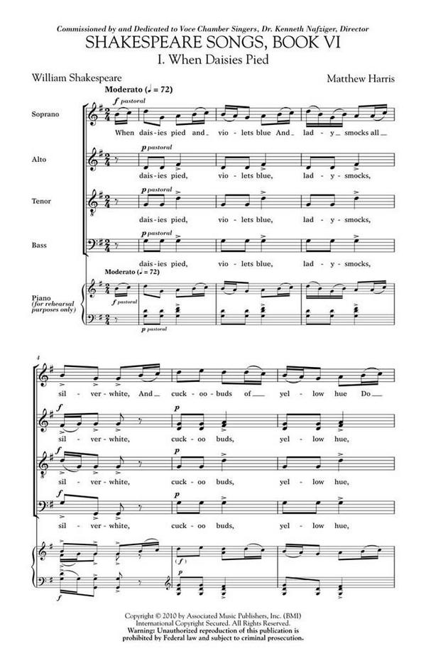 Matthew Harris, Shakespeare Songs, Book VI&nbsp;&nbsp;SATB a Cappella&nbsp;&nbsp;Chorpartitur