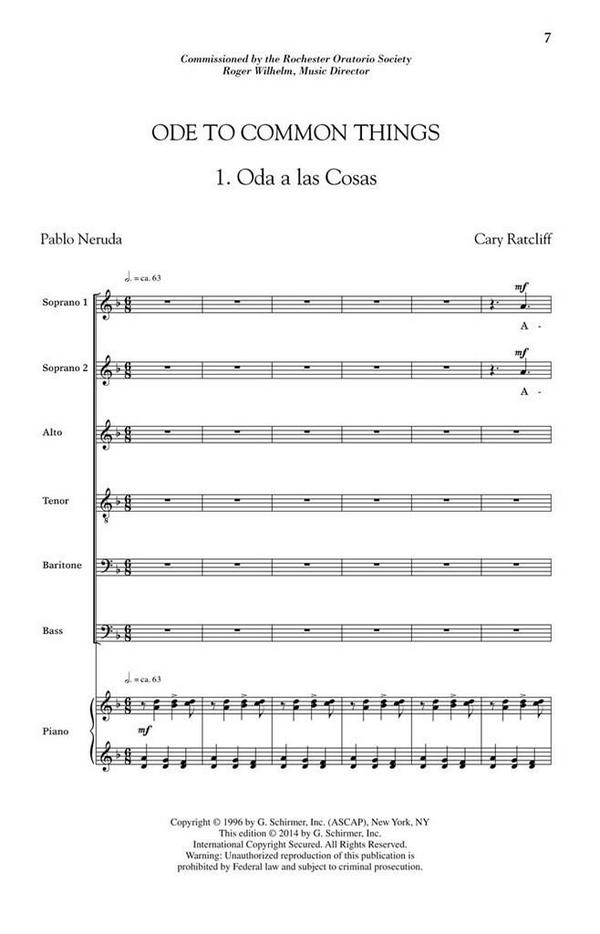 Cary Ratcliff, Ode to Common Things&nbsp;&nbsp;SATB and Piano&nbsp;&nbsp;Partitur