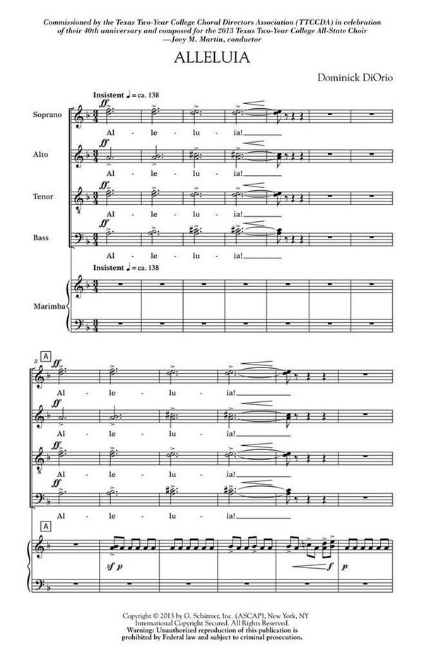 Dominick DiOrio, Alleluia&nbsp;&nbsp;SATB divisi with Marimba&nbsp;&nbsp;Chorpartitur