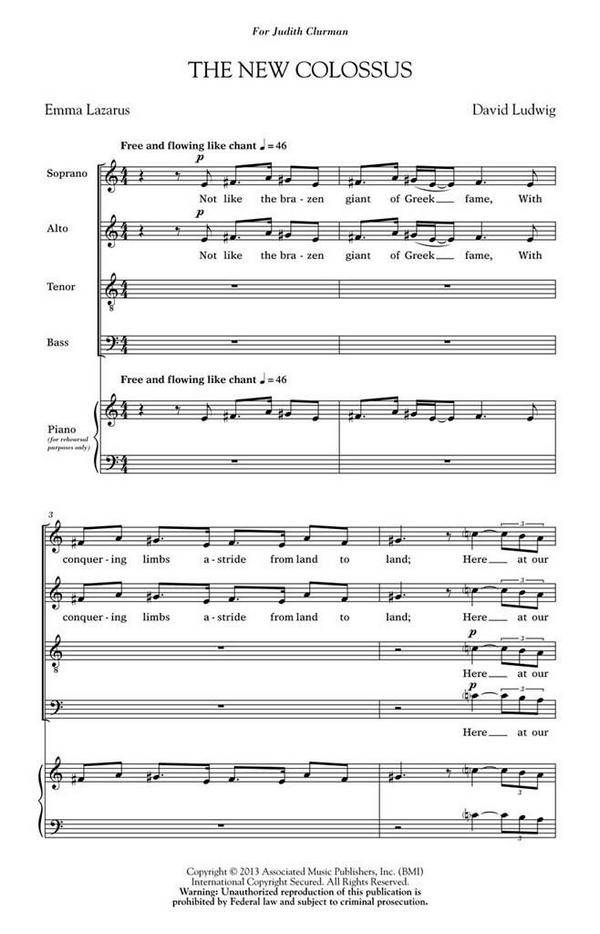 David Ludwig, The New Colossus&nbsp;&nbsp;SATB a Cappella&nbsp;&nbsp;Chorpartitur