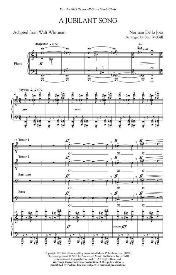 Norman Dello Joio, A Jubilant Song&nbsp;&nbsp;TTBB&nbsp;&nbsp;Chorpartitur