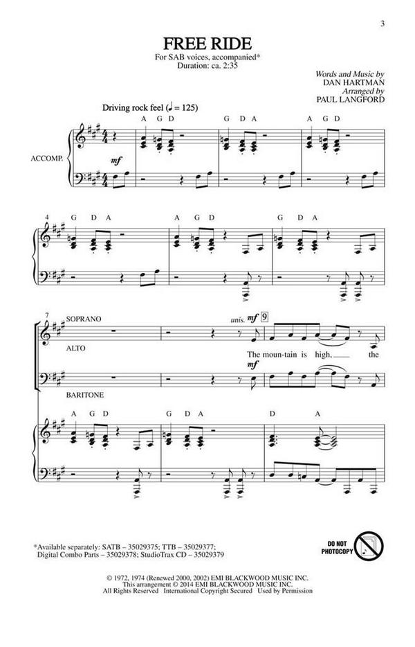 Dan Hartman, Free Ride&nbsp;&nbsp;SAB&nbsp;&nbsp;Chorpartitur