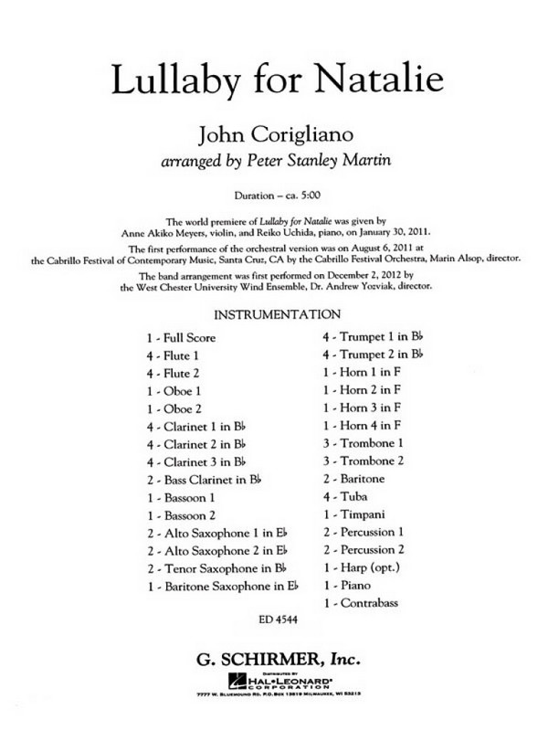 John Corigliano, Lullaby For Natalie&nbsp;&nbsp;Concert Band&nbsp;&nbsp;Partitur
