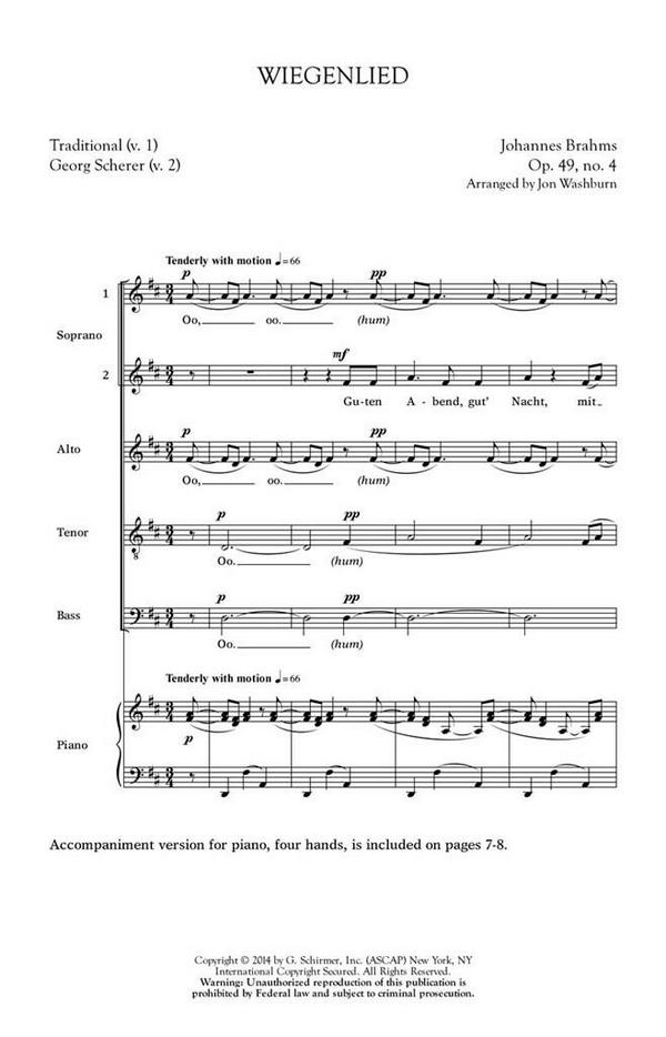 Johannes Brahms, Wiegenlied&nbsp;&nbsp;SSATB and piano, optional 1 Piano, 4 Hands&nbsp;&nbsp;Chorpartitur