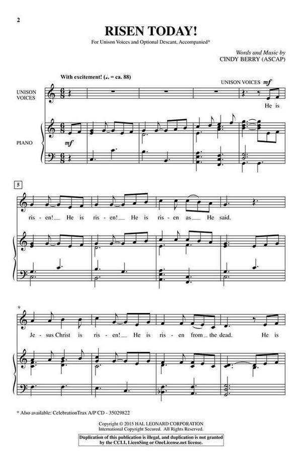 Cindy Berry, Risen Today!&nbsp;&nbsp;Unison/2-Part Treble&nbsp;&nbsp;Chorpartitur