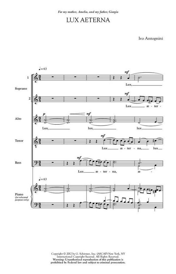 Ivo Antognini, Lux Aeterna&nbsp;&nbsp;SATB&nbsp;&nbsp;Chorpartitur