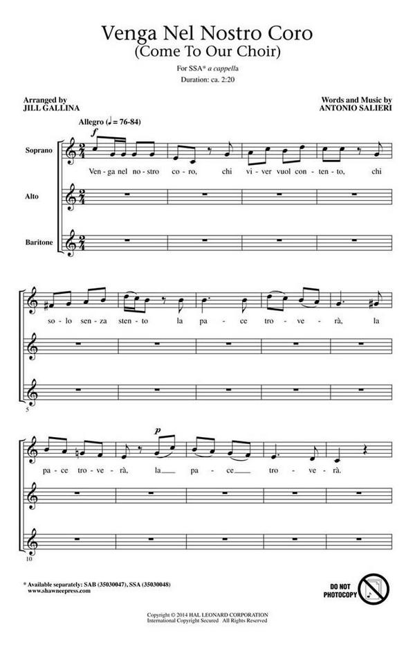 Antonio Salieri, Venga Nel Nostro Coro&nbsp;&nbsp;SSA a Cappella&nbsp;&nbsp;Chorpartitur