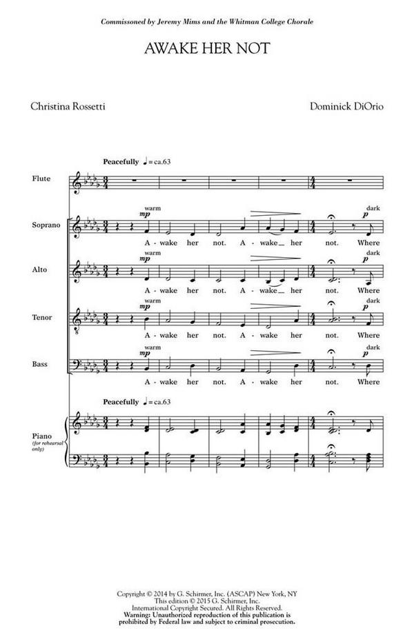 Dominick DiOrio, Awake Her Not&nbsp;&nbsp;SATB divisi, with Flute&nbsp;&nbsp;Chorpartitur