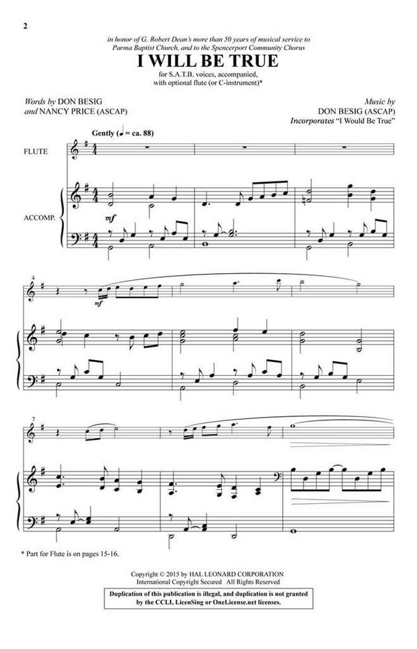 Don Besig_Nancy Price, I Will Be True&nbsp;&nbsp;SATB and Flute&nbsp;&nbsp;Chorpartitur