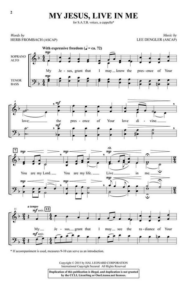 Lee Dengler, My Jesus, Live in Me&nbsp;&nbsp;SATB a Cappella&nbsp;&nbsp;Chorpartitur