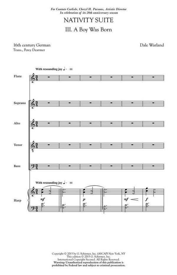 Dale Warland, Nativity Suite: No. 3 A Boy Was Born&nbsp;&nbsp;SATB with Flute and Harp&nbsp;&nbsp;Chorpartitur