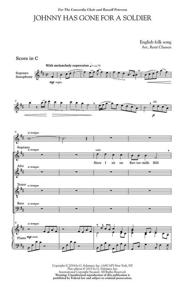 René Clausen, Johnny Has Gone for a Soldier&nbsp;&nbsp;SATB, Soprano Saxophone and Piano&nbsp;&nbsp;Chorpartitur