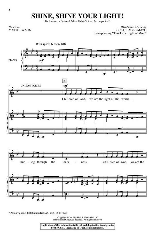 Becki Slagle Mayo, Shine, Shine Your Light!&nbsp;&nbsp;Unison and opt. 2-Part&nbsp;&nbsp;Chorpartitur
