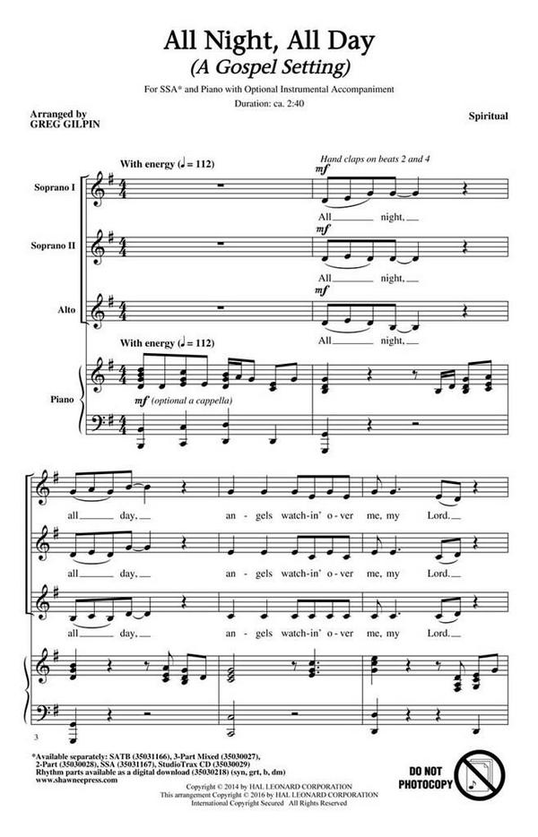 All Night, All Day&nbsp;&nbsp;SSA&nbsp;&nbsp;Chorpartitur