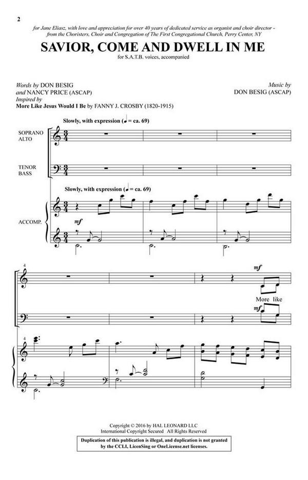Don Besig, Savior, Come and Dwell in Me&nbsp;&nbsp;SATB&nbsp;&nbsp;Chorpartitur