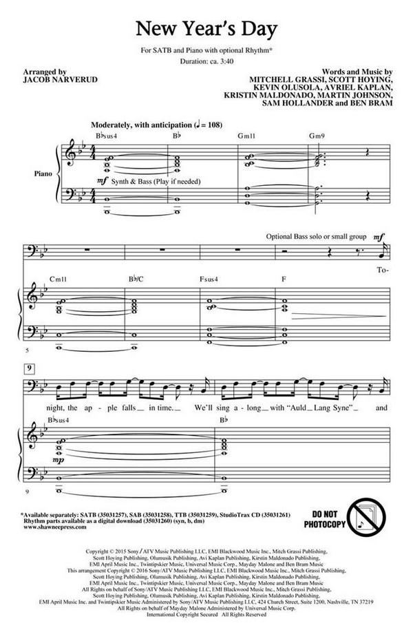 Jacob Narverud, New Year's Day&nbsp;&nbsp;SATB&nbsp;&nbsp;Chorpartitur