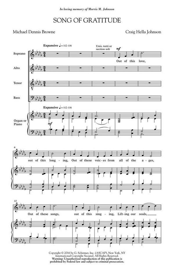 Craig Hella Johnson, Song of Gratitude&nbsp;&nbsp;SATB a Cappella&nbsp;&nbsp;Chorpartitur