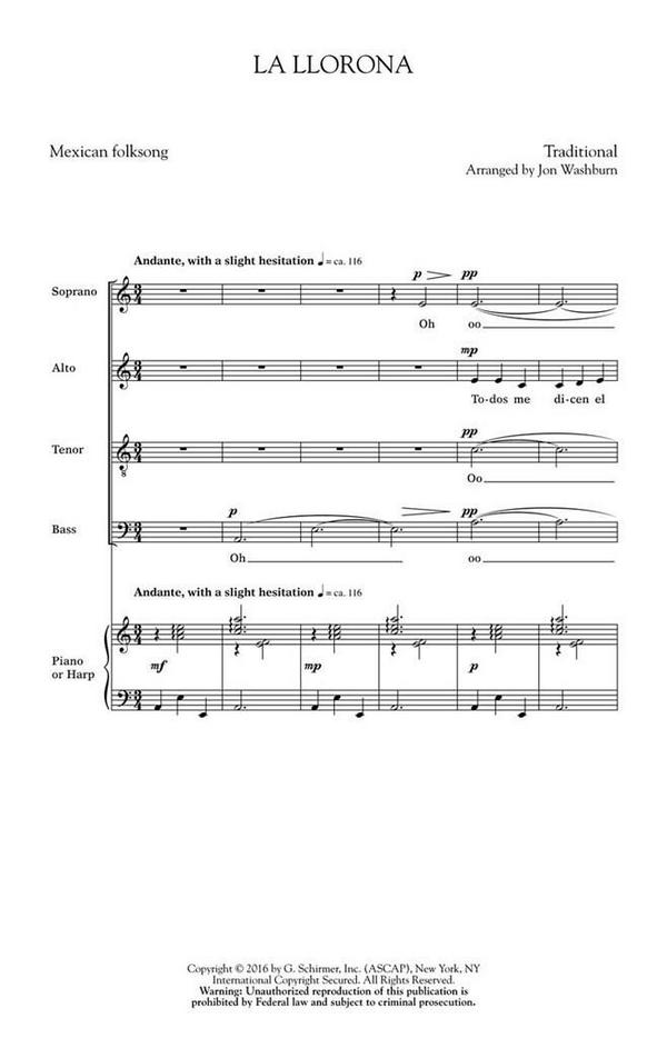Jon Washburn, La Llorona&nbsp;&nbsp;SATB div.&nbsp;&nbsp;Chorpartitur
