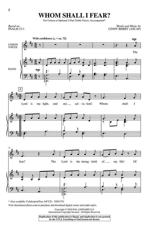 Cindy Berry, Whom Shall I Fear?&nbsp;&nbsp;Unison, 2-Part Treble&nbsp;&nbsp;Chorpartitur