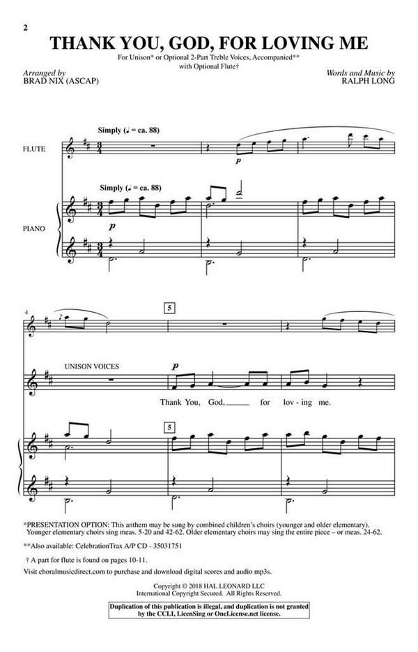 Ralph Long, Thank You, God, for Loving Me&nbsp;&nbsp;Unison and opt. 2-Part&nbsp;&nbsp;Chorpartitur