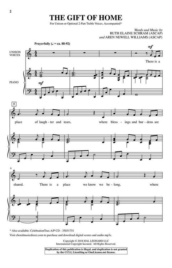 Aren Newell Williams_Ruth Elaine Schram, The Gift of Home&nbsp;&nbsp;Unison and opt. 2-Part&nbsp;&nbsp;Chorpartitur